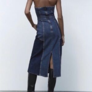 Zara The Contrast Blue Denim Cotton Strapless midi Dress sz.XS